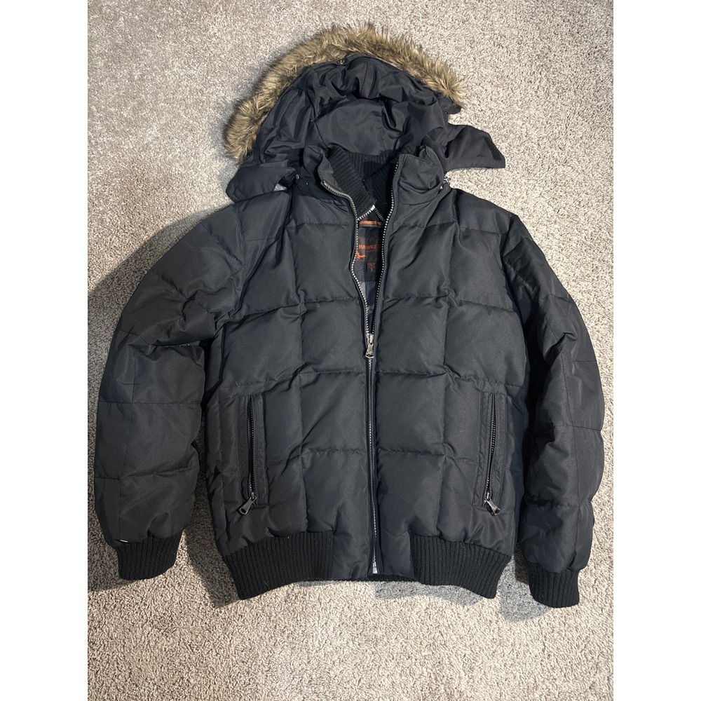 Hawke & Co Outfitter Mens Black Down Puffer Jacket Faux Fur Hood Small